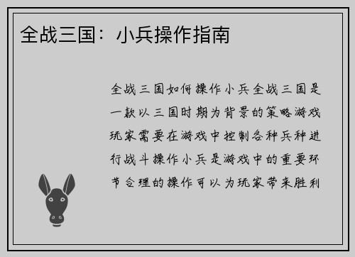 全战三国：小兵操作指南